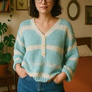 Vintage Blue White Striped Textured Knit Button Sweater